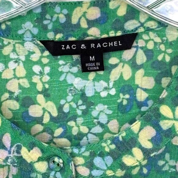 Zac & Rachel Wms M Green Floral Button Front Gauzy Top Ruffle Trim Cottagecore - Picture 3 of 11